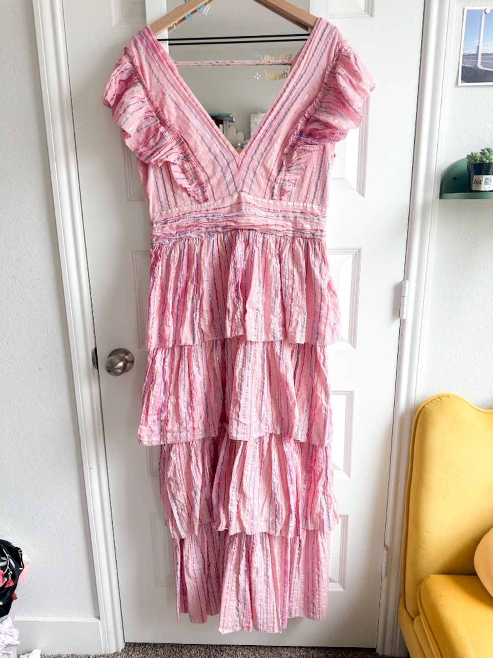 SAYLOR Stefania Pink Metallic Striped V-Neck Tiered Dress XL